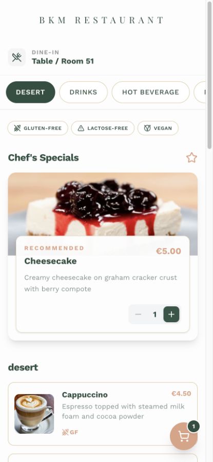 DigitalMenu guest menu with dietary filters, a featured cheesecake, prices and basket controls